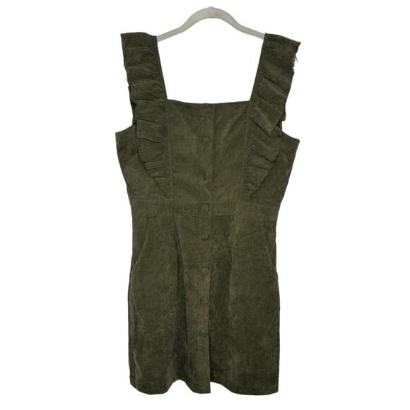 VERY J Olive Green Corduroy Button Front Flutter Sleeveless Dress Size L New - Picture 1 of 7